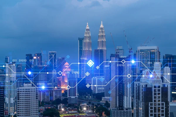Information flow hologram, night panorama city view of Kuala Lumpur. KL is the largest technological center in Malaysia, Asia. The concept of programming science. Double exposure.