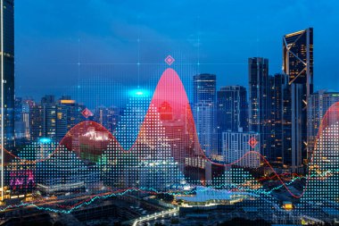 FOREX grafik hologramı, Kuala Lumpur 'un hava gece panoramik şehir manzarası. KL, Asya, Malezya 'da borsa araştırmacıları için geliştirilmiş bir yerdir. Temel analiz kavramı.