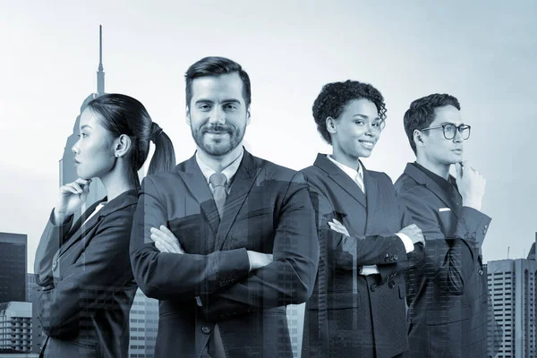 Four successful smiling business consultants standing in a row in suits and ready to tackle with customer problem. Kuala Lumpur cityscape. KL skyscrapers. Double exposure.