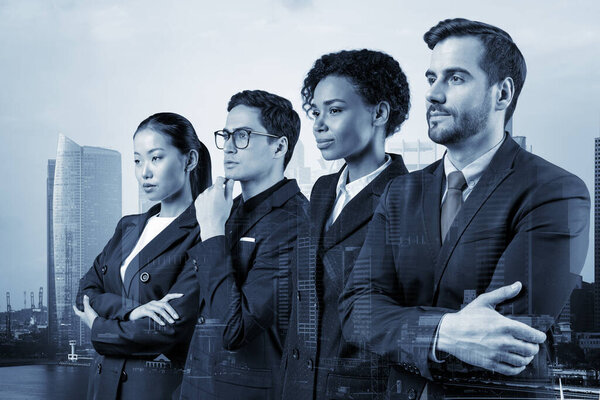 Four successful business consultants standing in a row in suits and ready to tackle with customer problem. Singapore cityscape. Multinational corporate team. Double exposure.