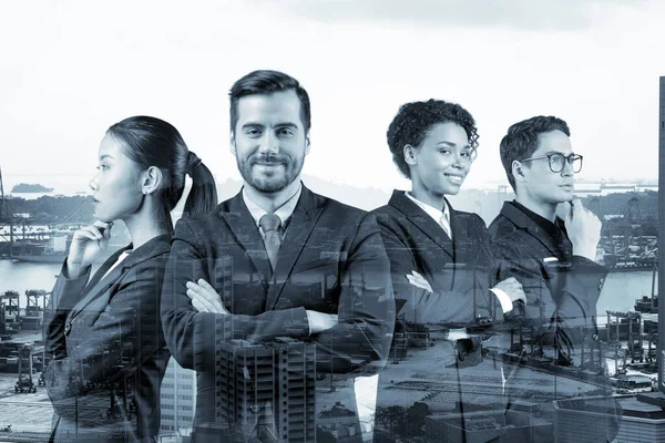 Front view of successful smiling business consultants standing in a row in suits and ready to tackle with customer problem. Singapore cityscape. Multinational corporate team. Double exposure.