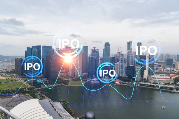 Holograma de ícones IPO sobre a vista panorâmica da cidade de Singapura, o centro da oferta pública inicial na Ásia. O conceito de exceder oportunidades de negócios. Dupla exposição . — Fotografia de Stock