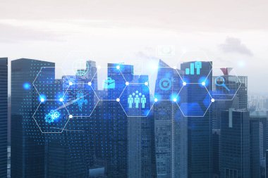 Singapur 'un Panorama şehri görüşü üzerine araştırma ve geliştirme hologramı, Asya' daki ticareti optimize etmek için yeni teknolojilerin merkezi. Fırsatları aşma kavramı. Çift pozlama.