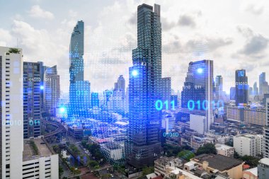 Dünya gezegeninin hologramı Bangkok, Asya 'nın Panorama şehri manzarasında. Uluslararası bağlantılar ve iş dünyası kavramı. Çoklu Pozlama.