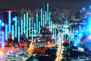 FOREX grafik hologramı, Kuala Lumpur 'un hava gece panoramik şehir manzarası. KL, Asya, Malezya 'da borsa araştırmacıları için geliştirilmiş bir yerdir. Temel analiz kavramı.