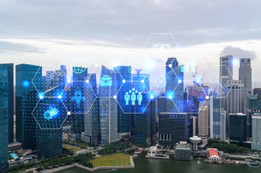 Singapur 'un Panorama şehri görüşü üzerine araştırma ve geliştirme hologramı, Asya' daki ticareti optimize etmek için yeni teknolojilerin merkezi. Fırsatları aşma kavramı. Çift pozlama.