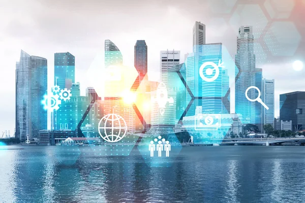Holograma de investigación y desarrollo sobre vista panorámica de la ciudad de Singapur, centro de nuevas tecnologías para optimizar los negocios en Asia. Concepto de superación de oportunidades. Doble exposición. —  Fotos de Stock