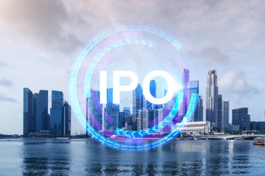 Halka arz hologramı, Asya 'da halka arz edilen ilk halka arz merkezi olan Singapur' un Panorama şehri görüntüsü üzerinde. İş fırsatlarını aşma kavramı. Çift pozlama.
