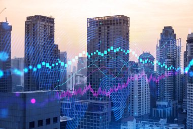 Işık saçan FOREX grafik hologramı, gün batımında Bangkok 'un panoramik şehir manzarası. Asya 'da hisse ve tahvil ticareti. Fon yönetimi kavramı. Çift pozlama.