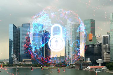Asya, Singapur 'un günbatımı panoramik şehir manzarasında Padlock' un hologramı. Siber güvenlik istihbaratı kavramı. Çoklu pozlama.