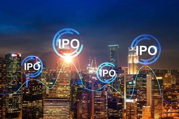 Hologram sunan ilk halk, Singapur 'un gece panoramik şehir manzarası. Asya 'daki çok uluslu şirketlerin finans merkezi. Halka arz sürecine göre büyümeyi hızlandırma kavramı.