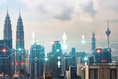 Sosyal medya, Kuala Lumpur, Malezya, Asya 'nın panorama şehri görüntüsü üzerine hologramı simgeliyor. İnsanların ağ kurma ve bağlantı kurma kavramı. Çift pozlama.