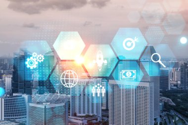 Araştırma ve Geliştirme Hologramı simgeleri parlıyor. Singapur 'un günbatımı panoramik şehir manzarası. Asya 'da yeni hizmetler ve ürünler yaratmak için yenilikçi teknolojiler kavramı.