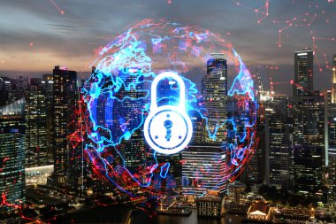 Asya, Singapur 'un günbatımı panoramik şehir manzarasında Padlock' un hologramı. Siber güvenlik istihbaratı kavramı. Çoklu pozlama.