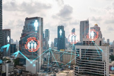 Sosyal medya hologramlarını Bangkok, Asya 'nın Panorama şehri manzarasına yansıtıyor. İnsanların ağ kurma ve bağlantı kurma kavramı. Çift pozlama.