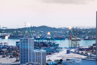 Asya 'daki iş merkezi Singapur' un Panorama şehri manzarası üzerine finansal hisse senedi hologramı. Uluslararası işlem kavramı. Çift pozlama.