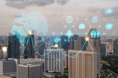 Araştırma ve Geliştirme Hologramı simgeleri parlıyor. Singapur 'un günbatımı panoramik şehir manzarası. Asya 'da yeni hizmetler ve ürünler yaratmak için yenilikçi teknolojiler kavramı.