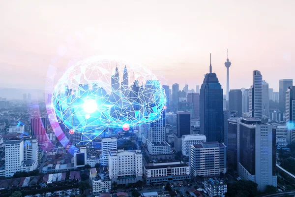 Glowing human brain hologram, aerial panoramic cityscape of Kuala Lumpur at sunset. KL is the center of business education in Malaysia, Asia. Double exposure.