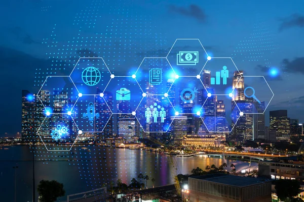 Technological development glowing icons. Night panoramic city view of Singapore. Concept of innovative activities expanding new services or products in Asia. Double exposure.