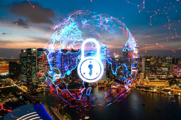 Asya, Singapur 'un günbatımı panoramik şehir manzarasında Padlock' un hologramı. Siber güvenlik istihbaratı kavramı. Çoklu pozlama.