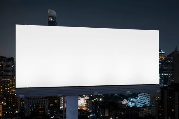 Blank white road billboard with Bangkok cityscape background at night time. Street advertising poster, mock up, 3D rendering. Front view. The concept of marketing communication to promote idea. — Stock Photo, Image