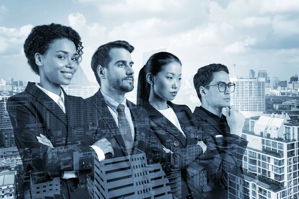 Four successful business consultants standing in a row in suits and ready to tackle with customer problem. Bangkok cityscape. Multinational corporate team. Double exposure.