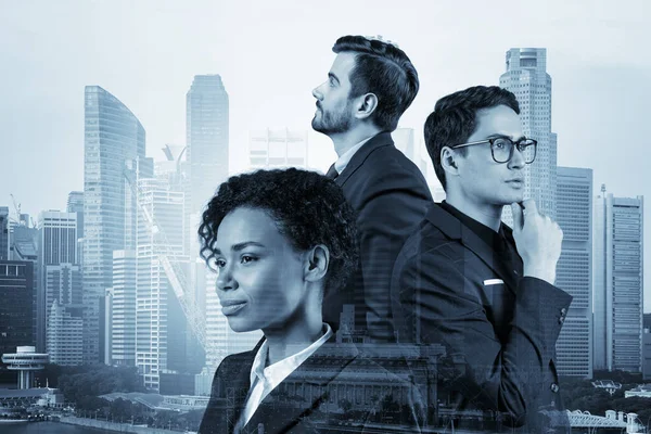 Three successful business consultants standing in a row in suits and ready to tackle with customer problem. Singapore cityscape. Multinational corporate team. Double exposure.