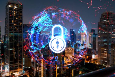 Parlayan Padlock hologramı, Bangkok, Asya 'nın gece panoramik şehir manzarası. Şirketleri korumak için siber güvenlik kavramı. Çift pozlama.