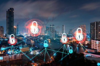 Parlayan Padlock hologramı, Bangkok, Asya 'nın gece panoramik şehir manzarası. Şirketleri korumak için siber güvenlik kavramı. Çift pozlama.