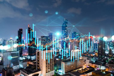 FOREX grafik hologramı, Bangkok 'un hava gece panoramik şehri Asya' daki borsa araştırmacıları için geliştirilmiş bir yer. Temel analiz kavramı. Çift pozlama.