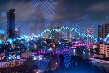 FOREX grafik hologramı, Bangkok 'un hava gece panoramik şehri Asya' daki borsa araştırmacıları için geliştirilmiş bir yer. Temel analiz kavramı. Çift pozlama.