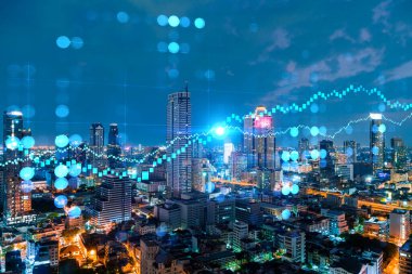 FOREX grafik hologramı, Bangkok 'un hava gece panoramik şehri Asya' daki borsa araştırmacıları için geliştirilmiş bir yer. Temel analiz kavramı. Çift pozlama.