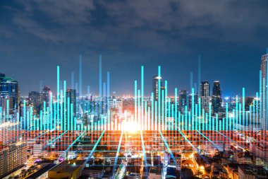 FOREX grafik hologramı, Bangkok 'un hava gece panoramik şehri Asya' daki borsa araştırmacıları için geliştirilmiş bir yer. Temel analiz kavramı. Çift pozlama.