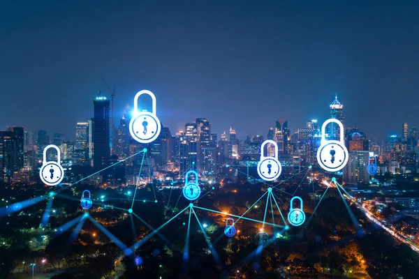 Parlayan Padlock hologramı, Bangkok, Asya 'nın gece panoramik şehir manzarası. Şirketleri korumak için siber güvenlik kavramı. Çift pozlama.