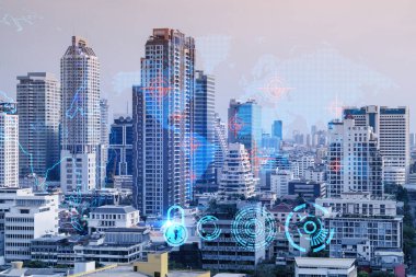 Dünya gezegeninin hologramı Bangkok, Asya 'nın Panorama şehri manzarasında. Uluslararası bağlantılar ve iş dünyası kavramı. Çoklu Pozlama.