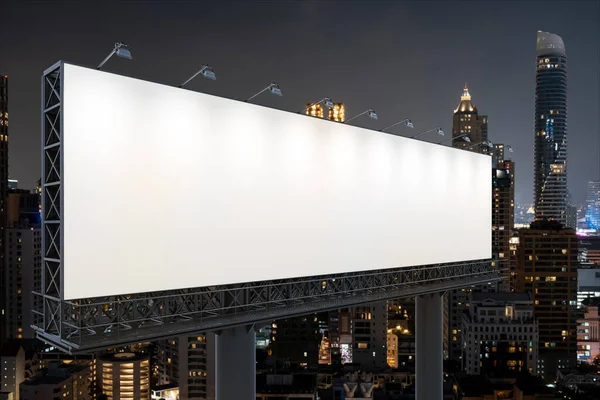 Blank white road billboard with Bangkok cityscape background at night time. Street advertising poster, mock up, 3D rendering. Side view. The concept of marketing communication to sell idea. — Stock Photo, Image