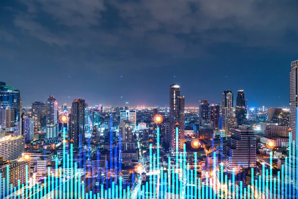 Stock market graph hologram, night panorama city view of Bangkok, popular location to gain financial education in Asia. The concept of international research. Double exposure. — Stock Photo, Image