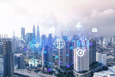 Sosyal medya, Kuala Lumpur, Malezya, Asya 'nın panorama şehri görüntüsü üzerine hologramı simgeliyor. İnsanların ağ kurma ve bağlantı kurma kavramı. Çift pozlama.