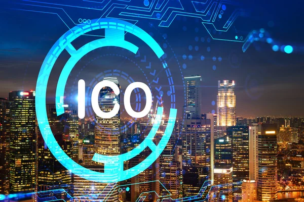 Initial coin offering hologram, night panorama city view of Singapore, the center of cryptocurrency projects in Asia. The concept of widespread ICO hysteria. Double exposure.