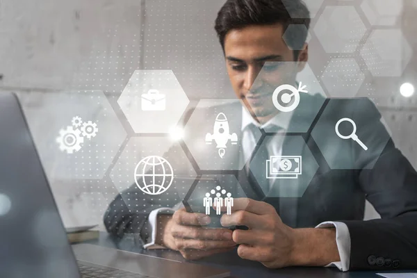 Analyst in office working with Smartphone, Searching for new technologies to boost business. Typing phone. Double exposure. — Stock Photo, Image