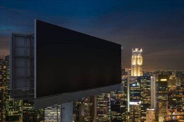 Gece vakti Singapur şehir planına sahip boş siyah yol billboard 'u. Sokak reklam afişi, maket, 3 boyutlu tasarım. Yan görüş. Fikir satmak için pazarlama iletişimi.