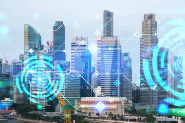 Singapur 'un Panorama şehri manzarası üzerinde teknoloji hologramı. Asya 'daki en büyük teknoloji merkezi. Kodlama ve yüksek teknoloji geliştirme kavramı. Çift pozlama.