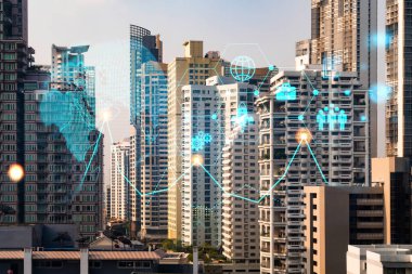 Bangkok 'un Panorama şehri görüşü üzerine araştırma ve geliştirme hologramı, Asya' daki ticareti optimize etmek için yeni teknolojilerin merkezi. Fırsatları aşma kavramı. Çift pozlama.