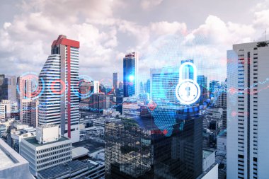 Asya 'daki işleri korumak için Panorama City manzaralı asma kilit hologramı. Bilgi güvenlik kalkanları kavramı. Çift pozlama.