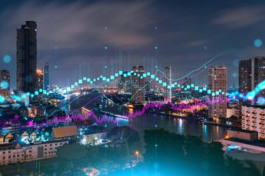 FOREX grafik hologramı, Bangkok 'un hava gece panoramik şehri Asya' daki borsa araştırmacıları için geliştirilmiş bir yer. Temel analiz kavramı. Çift pozlama.