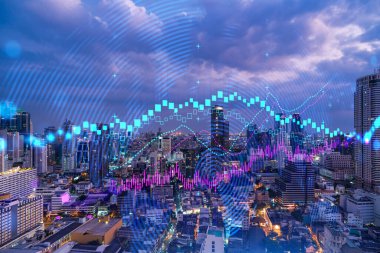 FOREX grafik hologramı, Bangkok 'un hava gece panoramik şehri Asya' daki borsa araştırmacıları için geliştirilmiş bir yer. Temel analiz kavramı. Çift pozlama.