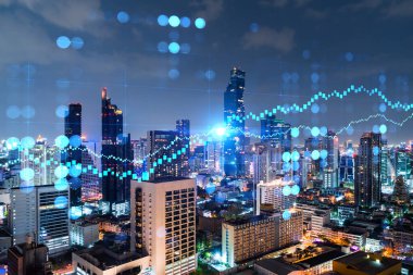 FOREX grafik hologramı, Bangkok 'un hava gece panoramik şehri Asya' daki borsa araştırmacıları için geliştirilmiş bir yer. Temel analiz kavramı. Çift pozlama.