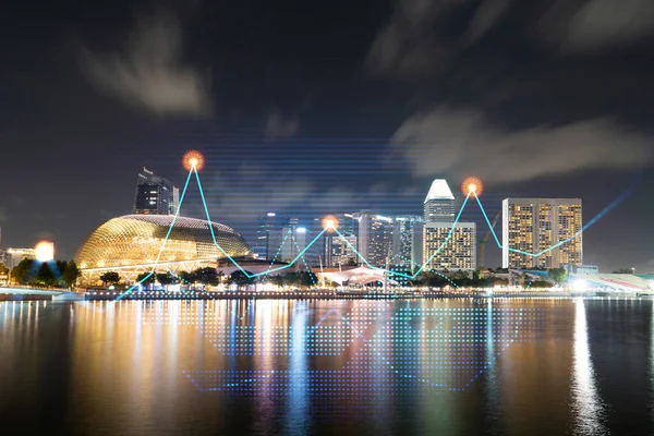 Stock market graph hologram, night panorama city view of Singapore, popular location to gain financial education in Asia. The concept of international research. Double exposure. — Stock Photo, Image