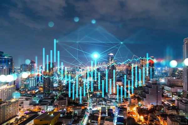 FOREX grafik hologramı, Bangkok 'un hava gece panoramik şehri Asya' daki borsa araştırmacıları için geliştirilmiş bir yer. Temel analiz kavramı. Çift pozlama.