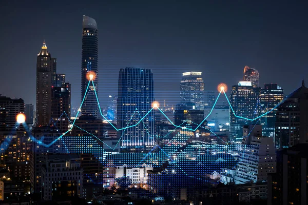 Stock market graph hologram, night panorama city view of Bangkok, populärt läge för att få finansiell utbildning i Asien. Begreppet internationell forskning. Dubbel exponering. — Stockfoto